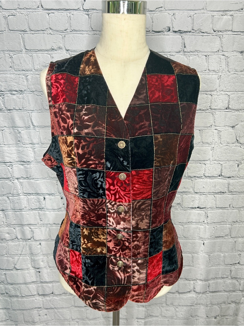 Jaclyn Smith Patchwork Velvet Button-Front Top - Red, Black, Brown